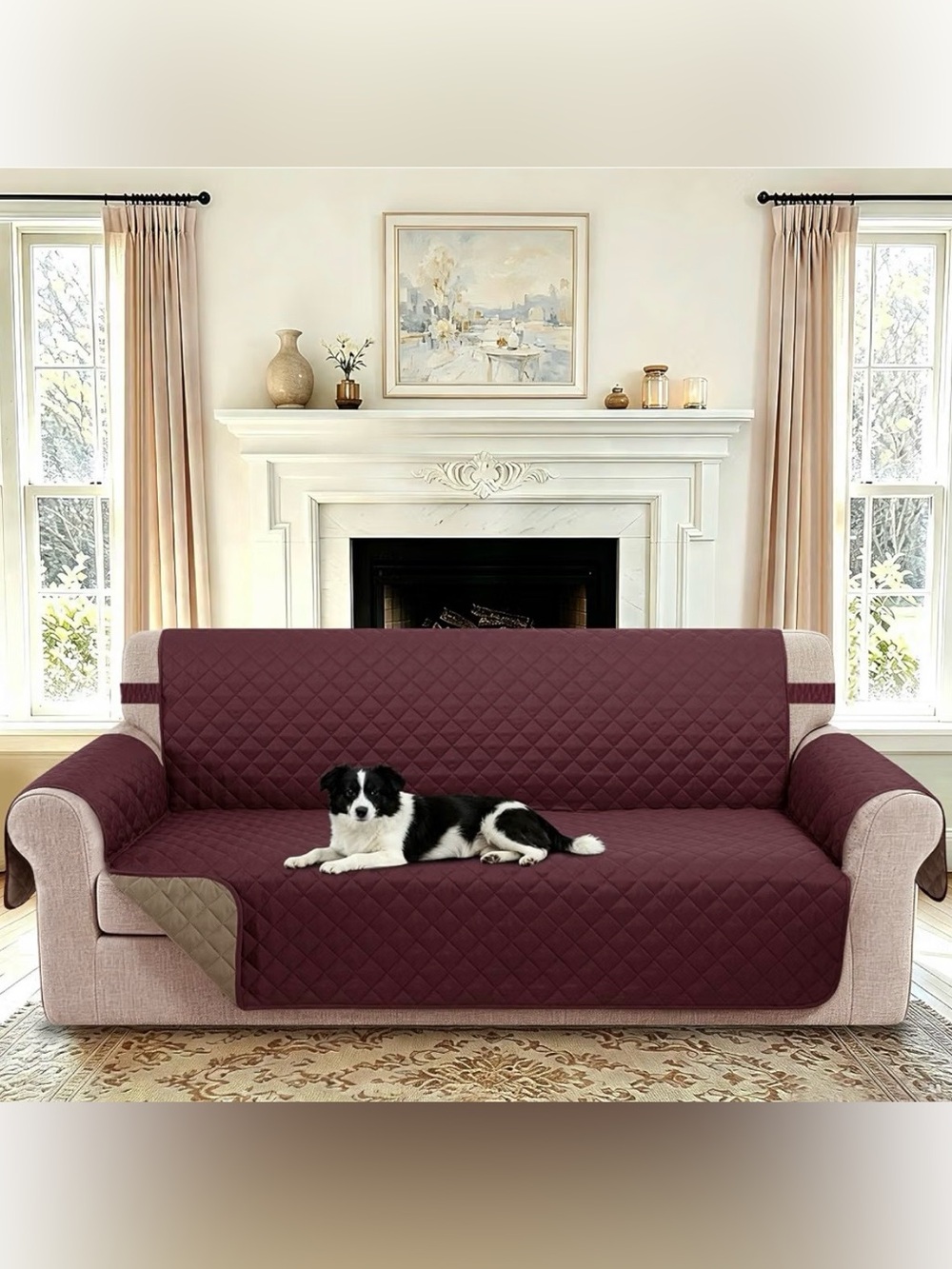 Size 76 x 112 in. Quilted Sofa Cover Protector in Burgundy/Tan Reversible